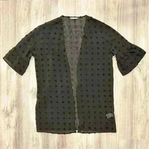 Amaryllis Black Swiss Dot Ruffle 3/4 Sleeve Sheer Open Flowy Cardigan Size M/L